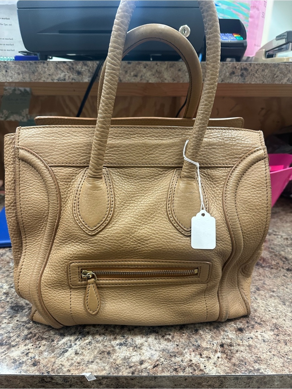 Celine Tan Pebbled Leather Satchel with Front Zip